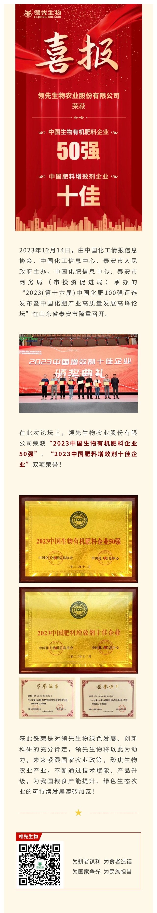 實力上榜 | 領(lǐng)先生物榮獲2023中國生物有機肥料企業(yè)50強！中國肥料增效劑十佳企業(yè)！
