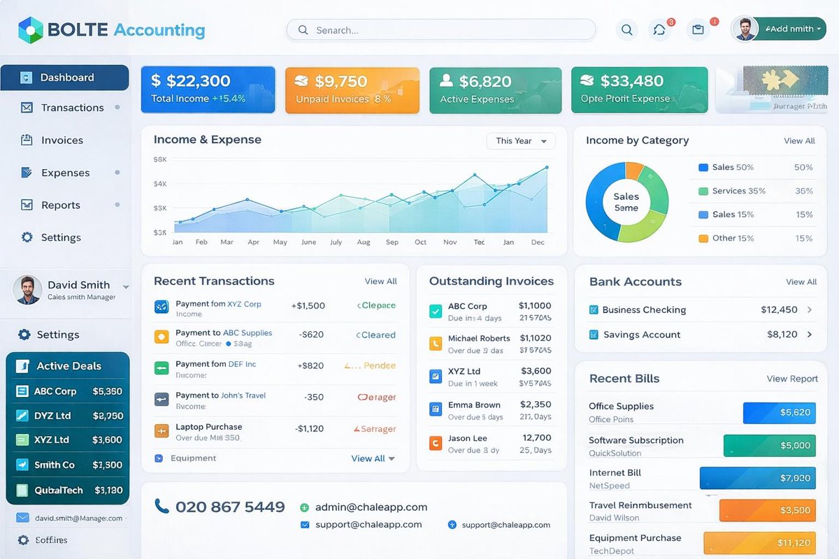 BOLTE Accounting dashboard showing income, expenses, invoices and bank accounts